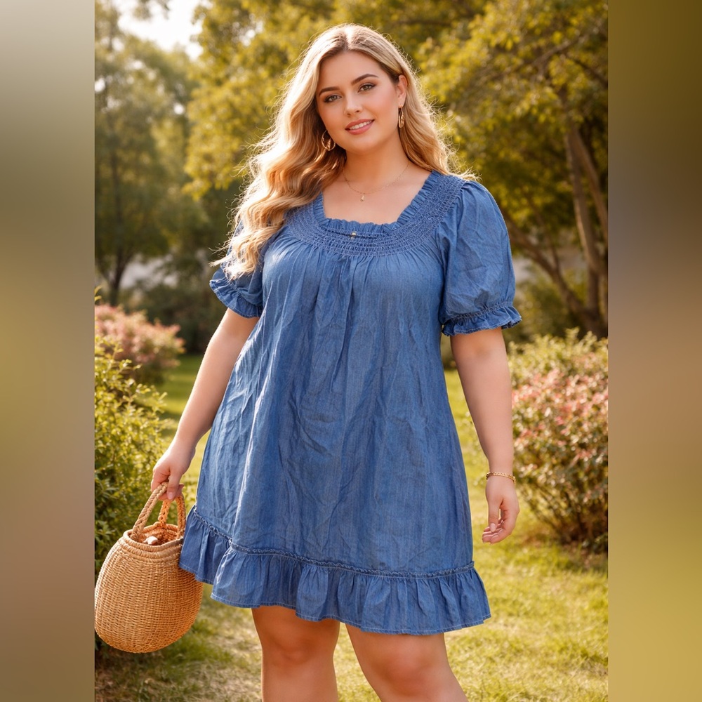 En Crème Blue Smocked Babydoll Dress – 3X Puff Sleeve